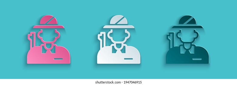 Icono de Hunter de corte de papel aislado en fondo azul. Estilo de arte de papel. Vector