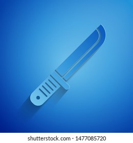 Paper cut Hunter knife icon isolated on blue background. Army knife. Paper art style. Vector Illustration