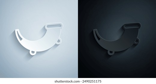 Paper cut Hunting horn icon isolated on grey and black background. Paper art style. Vector