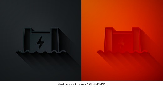 Paper cut Hydroelectric dam icon isolated on black and red background. Water energy plant. Hydropower. Hydroelectricity. Paper art style. Vector
