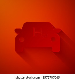 Paper cut Hydrogen car icon isolated on red background. H2 station sign. Hydrogen fuel cell car eco environment friendly zero emission. Paper art style. Vector Illustration