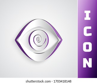 Paper cut Hypnosis icon isolated on grey background. Human eye with spiral hypnotic iris. Paper art style. Vector Illustration