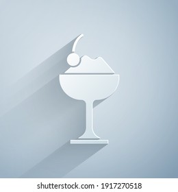 Paper cut Ice cream in the bowl icon isolated on grey background. Sweet symbol. Paper art style. Vector