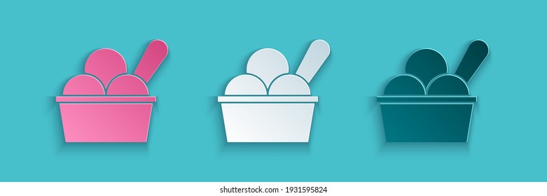 Paper cut Ice cream in the bowl icon isolated on blue background. Sweet symbol. Paper art style. Vector