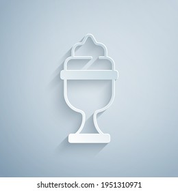 Paper cut Ice cream in the bowl icon isolated on grey background. Sweet symbol. Paper art style. Vector