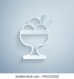 Paper cut Ice cream in the bowl icon isolated on grey background. Sweet symbol. Paper art style. Vector