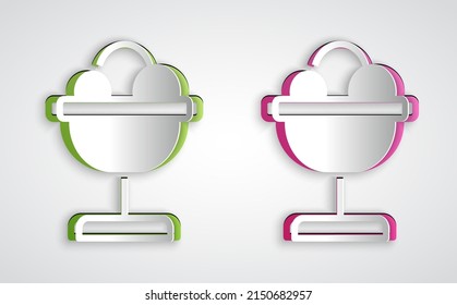 Paper cut Ice cream in the bowl icon isolated on grey background. Sweet symbol. Paper art style. Vector