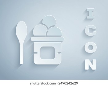 Paper cut Ice cream in the bowl and spoon icon isolated on grey background. Sweet symbol. Paper art style. Vector
