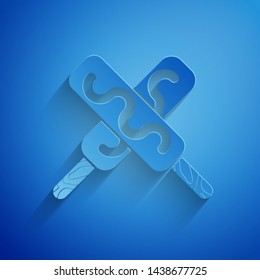 Paper cut Ice cream icon isolated on blue background. Sweet symbol. Paper art style. Vector Illustration Paper cut Ice cream icon isolated on blue background. Sweet symbol. Paper art style. Vector Illustration
