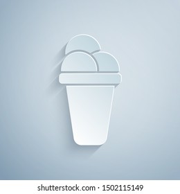 Paper cut Ice cream icon isolated on grey background. Sweet symbol. Paper art style. Vector Illustration
