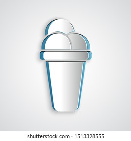 Paper cut Ice cream icon isolated on grey background. Sweet symbol. Paper art style. Vector Illustration
