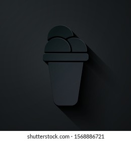 Paper cut Ice cream icon isolated on black background. Sweet symbol. Paper art style. Vector Illustration