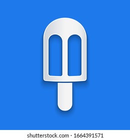 Paper cut Ice cream icon isolated on blue background. Sweet symbol. Paper art style. Vector Illustration