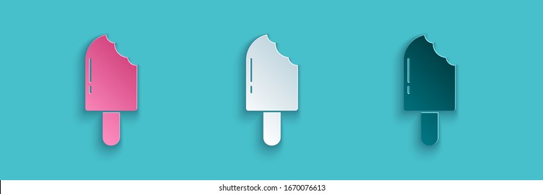 Paper cut Ice cream icon isolated on blue background. Sweet symbol. Paper art style. Vector Illustration