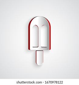 Paper cut Ice cream icon isolated on grey background. Sweet symbol. Paper art style. Vector Illustration