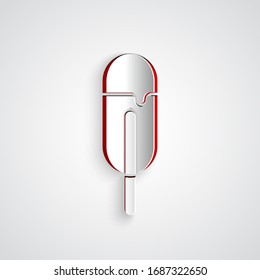 Paper cut Ice cream icon isolated on grey background. Sweet symbol. Paper art style. Vector Illustration