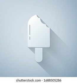 Paper cut Ice cream icon isolated on grey background. Sweet symbol. Paper art style. Vector Illustration