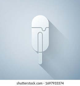 Paper cut Ice cream icon isolated on grey background. Sweet symbol. Paper art style. Vector Illustration