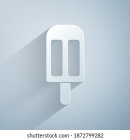 Paper cut Ice cream icon isolated on grey background. Sweet symbol. Paper art style. Vector
