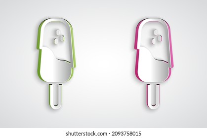 Paper cut Ice cream icon isolated on grey background. Sweet symbol. Paper art style. Vector