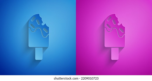 Paper cut Ice cream icon isolated on blue and purple background. Sweet symbol. Paper art style. Vector