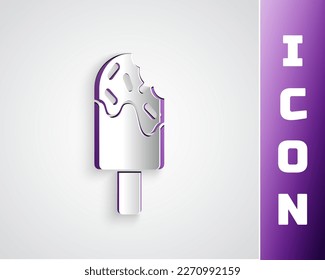 Paper cut Ice cream icon isolated on grey background. Sweet symbol. Paper art style. Vector