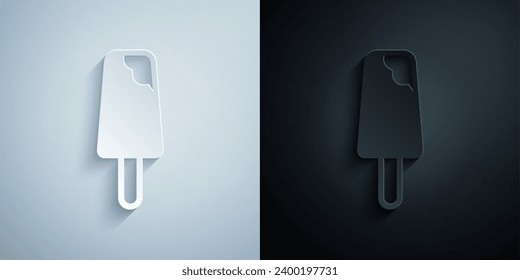 Paper cut Ice cream icon isolated on grey and black background. Sweet symbol. Paper art style. Vector