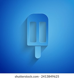 Paper cut Ice cream icon isolated on blue background. Sweet symbol. Paper art style. Vector