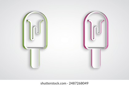 Paper cut Ice cream icon isolated on grey background. Sweet symbol. Paper art style. Vector