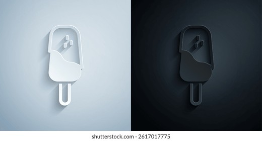 Paper cut Ice cream icon isolated on grey and black background. Sweet symbol. Paper art style. Vector