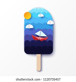 Paper cut ice cream made of blue sea or ocean waves with boat, sun and clouds. Summer vacation concept. Modern paper art design