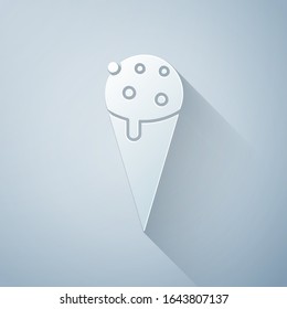 Paper cut Ice cream in waffle cone icon isolated on grey background. Sweet symbol. Paper art style. Vector Illustration
