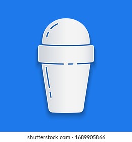 Paper cut Ice cream in waffle cone icon isolated on blue background. Sweet symbol. Paper art style. Vector Illustration