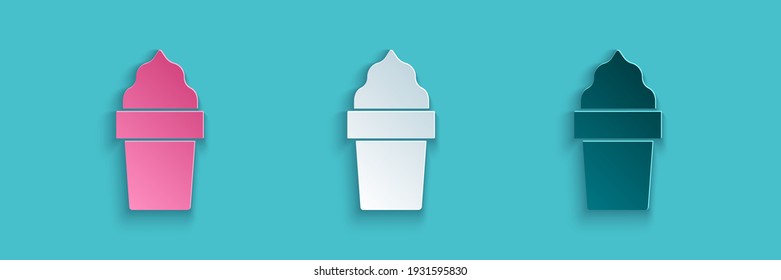 Paper cut Ice cream in waffle cone icon isolated on blue background. Sweet symbol. Paper art style. Vector