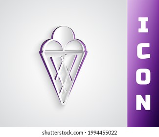 Paper cut Ice cream in waffle cone icon isolated on grey background. Sweet symbol. Paper art style. Vector