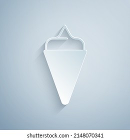 Paper cut Ice cream in waffle cone icon isolated on grey background. Sweet symbol. Paper art style. Vector