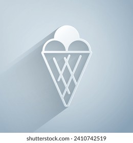 Paper cut Ice cream in waffle cone icon isolated on grey background. Sweet symbol. Paper art style. Vector