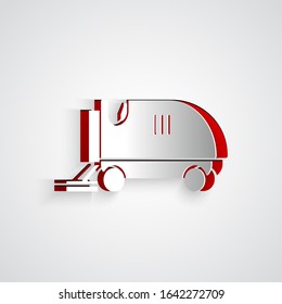Paper cut Ice resurfacer icon isolated on grey background. Ice resurfacing machine on rink. Cleaner for ice rink and stadium. Paper art style. Vector Illustration