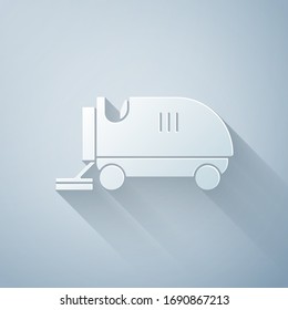 Paper cut Ice resurfacer icon isolated on grey background. Ice resurfacing machine on rink. Cleaner for ice rink and stadium. Paper art style. Vector Illustration