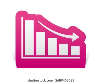 Icono de corte de papel describe la disminución del gráfico de barras en color de fondo magenta, Ilustración vectorial aislada, eps