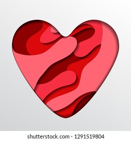 Paper cut ideal heart vector illustration. Valentine's Day February 14th symbol. Multilayered paper heart for wedding decoration. Love Valentine symbol. Ideal heart handcraft 3d design isolated.