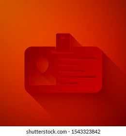 Paper cut Identification badge icon isolated on red background. It can be used for presentation, identity of the company, advertising. Paper art style. Vector Illustration