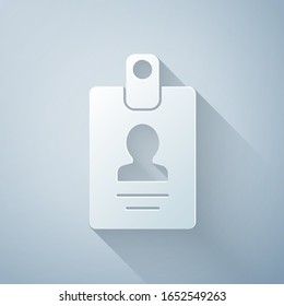 Paper cut Identification badge icon isolated on grey background. It can be used for presentation, identity of the company, advertising. Paper art style. Vector Illustration
