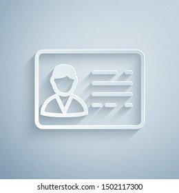 Paper cut Identification badge line icon isolated on grey background. It can be used for presentation, identity of the company, advertising. Paper art style. Vector Illustration
