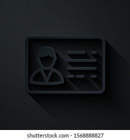 Paper cut Identification badge line icon isolated on black background. It can be used for presentation, identity of the company, advertising. Paper art style. Vector Illustration