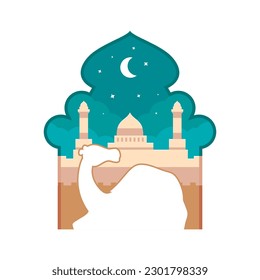 A paper cut illustration of a camel in front of a mosque.