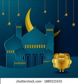 Paper Cut Illustration of Cartoon Sheep with Mosque, Crescent Moon and Hanging Stars Decorated on Gradient Blue Background for Islamic Festival Celebration.