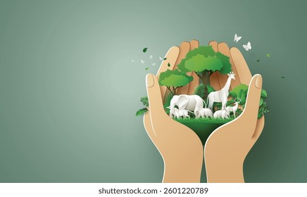 A paper cut illustration of forest wildlife with deer and trees in protective hands. Perfect for environmental and animal protection themes.