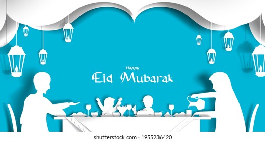 Paper cut illustration of happy family eat in dining table celebration Eid Festival. Poster or banner design.