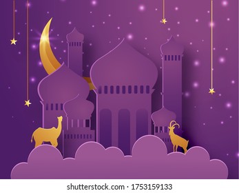 Ilustración de corte de papel de mezquita con camello, cabra, luna de oro y estrellas colgadas en el fondo de efectos de luz morada para la celebración del Festival Islámico,